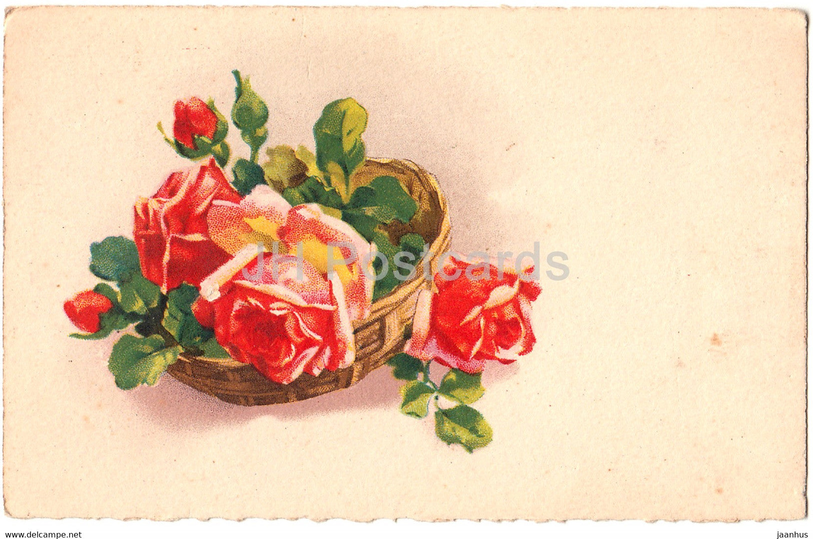 red rose in a basket - flowers - 270 - Jounok - illustration - old postcard - France - unused - JH Postcards