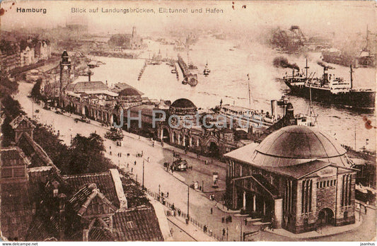 Hamburg - Blick auf Landungsbrucken - Elbtunnel und Hafen - ship - 1926 - old postcard - Germany - used - JH Postcards