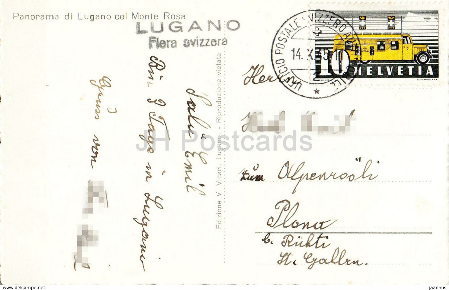 Panorama di Lugano col Monte Rosa – 1945 – alte Postkarte – Schweiz – gebraucht