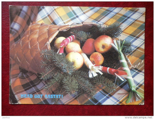 New Year Greeting Card - apples - wooden basket - 1989 - Estonia USSR - used - JH Postcards