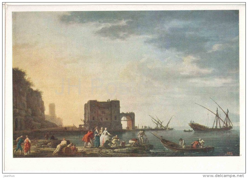 painting by Claude Joseph Vernet - Italian harbor - boat - french art - unused - JH Postcards