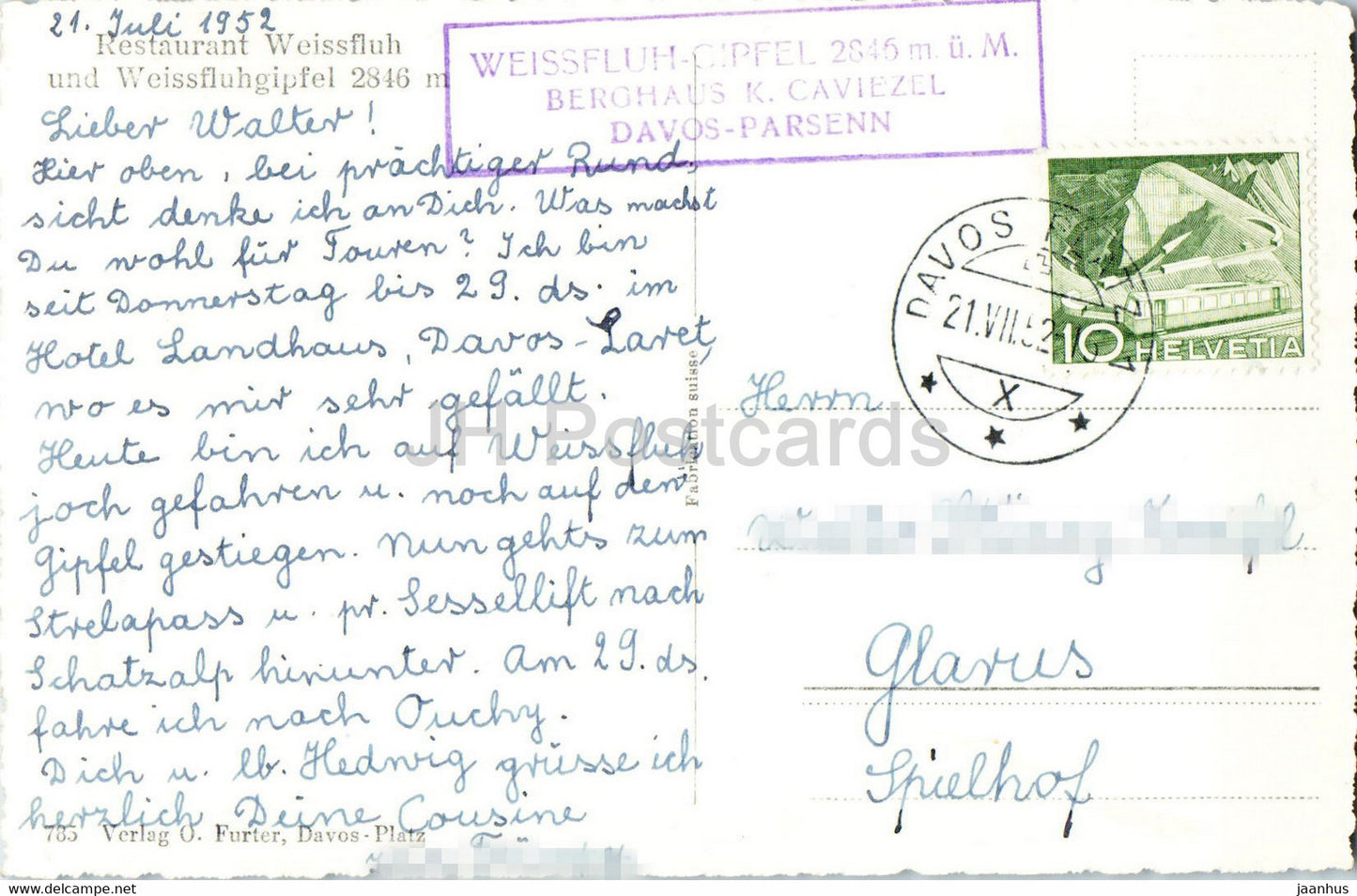 Restaurant Weissfluh und Weissfluhgipfel 2846 m - old postcard - 1952 - Switzerland - used