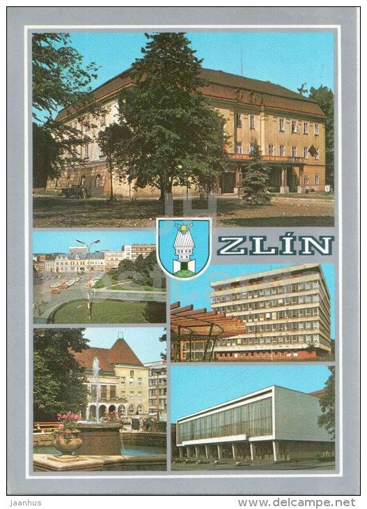 Zlin - town views - architecture - fountain - stamp Vaclav Havel - Czechoslovakia - Czech - used  1990 - JH Postcards