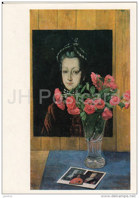 painting by D. Zhilinsky - Still Life with Russian Portrait , 1976 - roses - Russian art - 1986 - Russia USSR - unused - JH Postcards