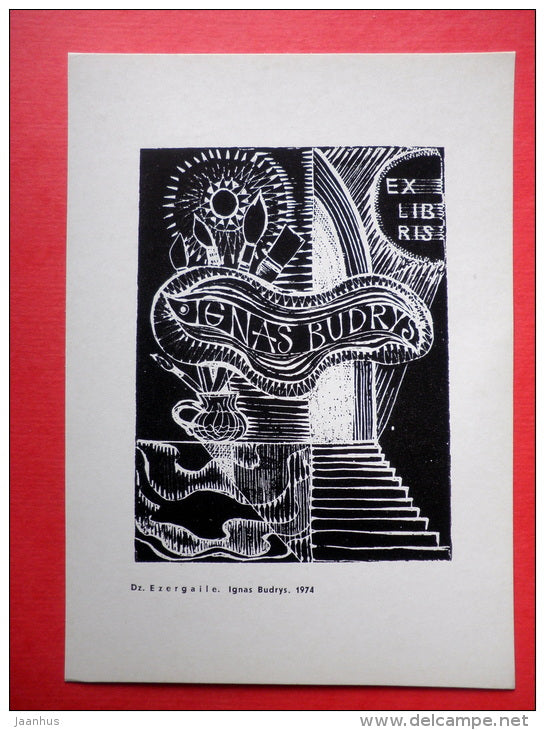 Ex Libris - Ignas Budrys - illustration by Dz. Ezergaile - brushes - stairs - 1975 - Latvia USSR - unused - JH Postcards