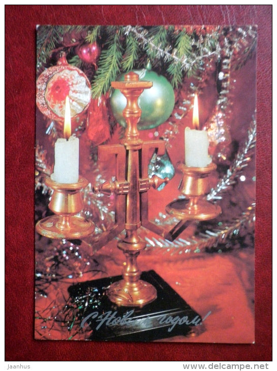 New Year greeting card - candlestick - decorations - 1983 - Russia USSR - used - JH Postcards