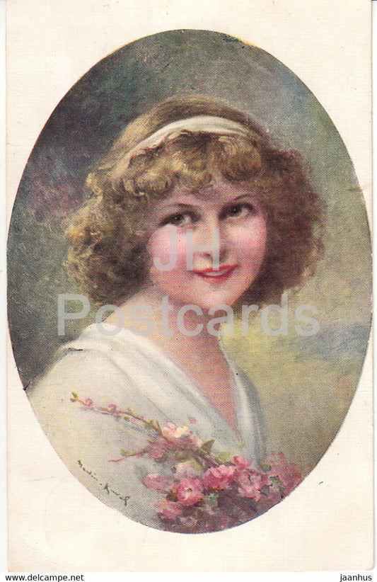 painting by Francois Martin-Kavel - Spring - Primavera - young woman - French art - old postcard - 1920s - France - used - JH Postcards