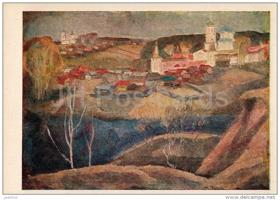 painting by V. Popkov - Spring in Borovsk , 1973 - Russian art - 1980 - Russia USSR - unused - JH Postcards