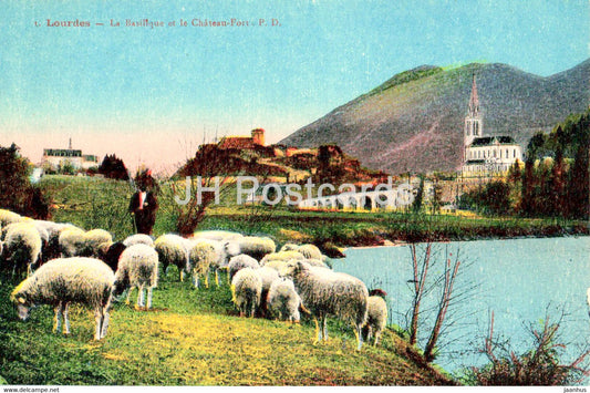 Lourdes - La Basilique et le Chateau Fort - sheep - animals - 1 - old postcard - 1918 - France - used - JH Postcards