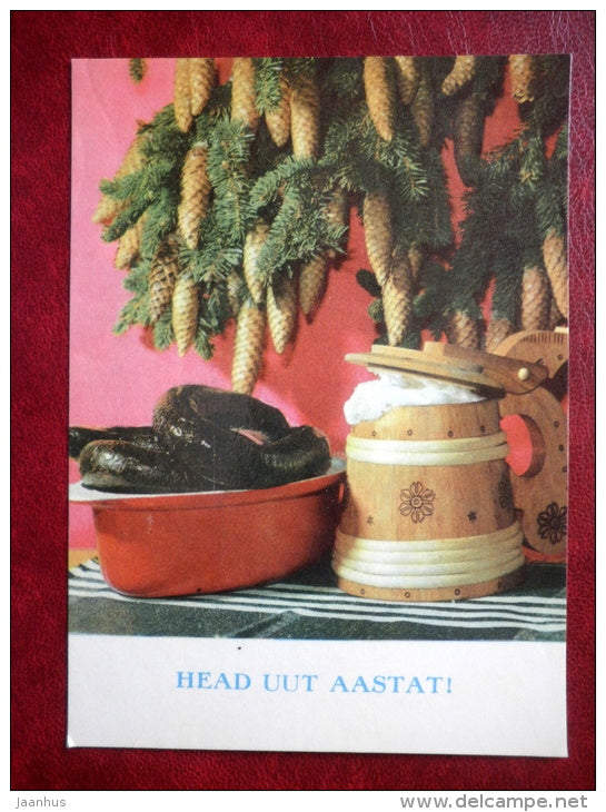 New Year Greeting card - beer mug - blood pudding - cones - 1970 - Estonia USSR - used - JH Postcards