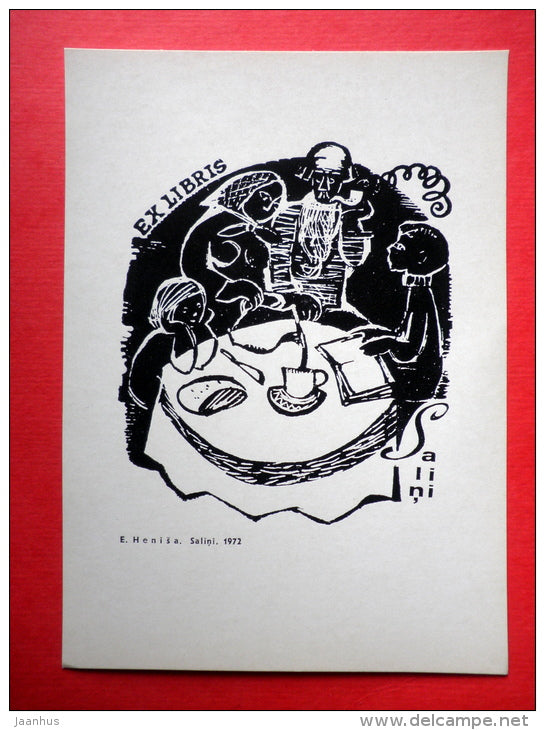 Ex Libris - Salini - illustration by E. Henisa - family - lunch - 1975 - Latvia USSR - unused - JH Postcards