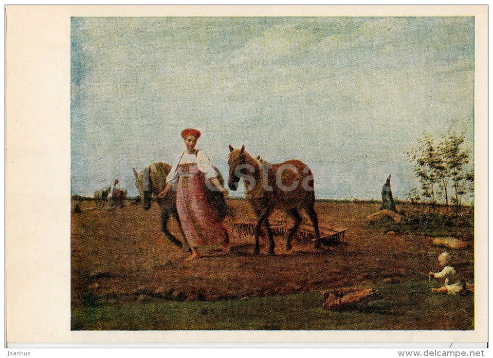 painting by A. Venetsianov - Plow . Spring - woman - horse - Russian art - 1980 - Russia USSR - unused - JH Postcards