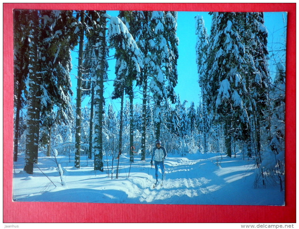 New Year Greeting Card - winter forest - skiing - 847 - Finland - sent from Finland Turku to Estonia USSR 1981 - JH Postcards