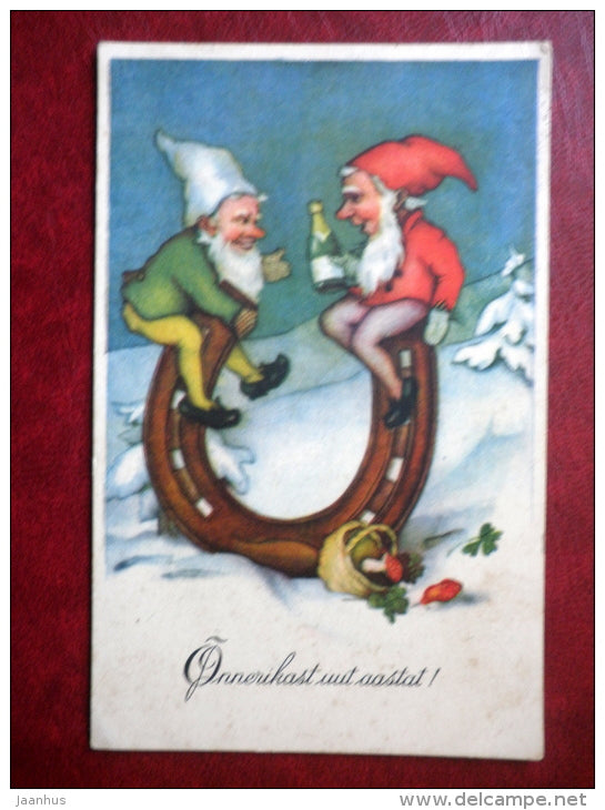 New Year Greeting Card - horseshoe - champagne - dwarf - circulated in 1930s , Aegviidu - Estonia - used - JH Postcards