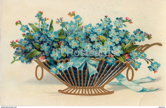 blue flowers in a basket - illustration - MBR - old postcard - 1953 - used - JH Postcards