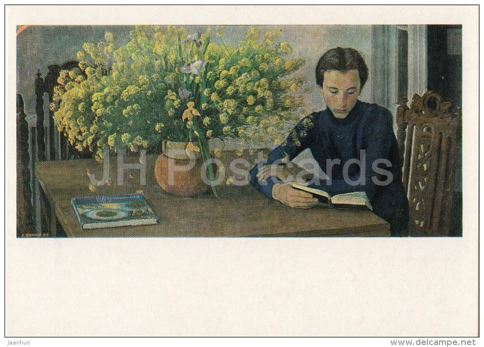 painting by D. Zhilinsky - Yellow Bouquet , 1975 - young man - book - Russian art - 1986 - Russia USSR - unused - JH Postcards