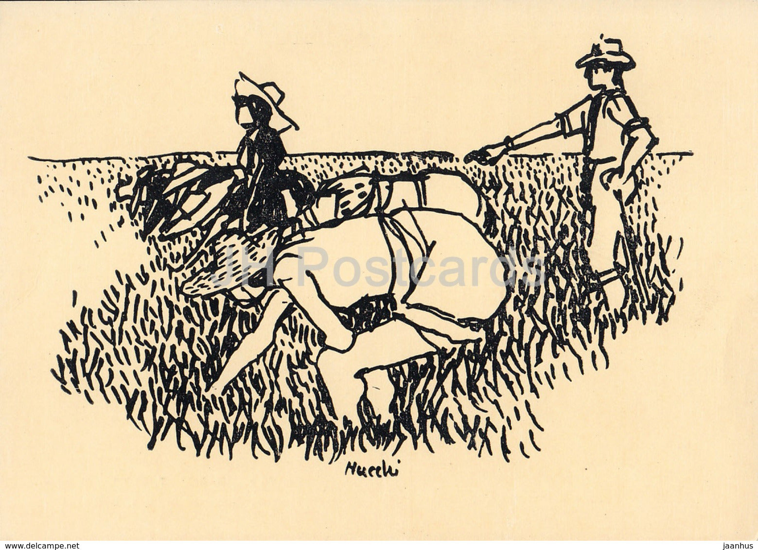 drawing by Gabriele Mucchi - Working on the Rice Field - Italian art - 1956 - Russia USSR - unused - JH Postcards