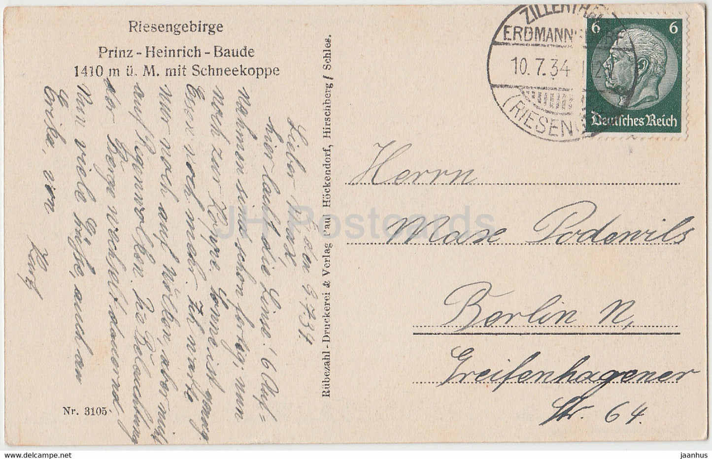 Prinz Heinrich Baude - Riesengebirge - Schneekoppe - Sniezne Kotly - 3105 - alte Postkarte - 1934 - Polen - gebraucht