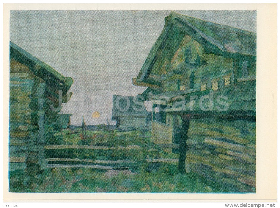 painting by A. Trofimov - Northern Night - wooden buildings - Russian art - Russia USSR - 1976 - unused - JH Postcards