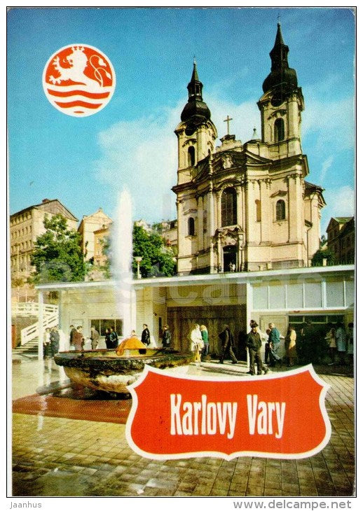 The Sprudel with St. Mary Magdalene Church - Karlovy Vary - Czech - Czechoslovakia - used 1973 - JH Postcards