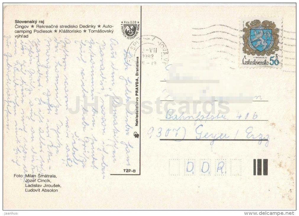 Slovensky Raj - Cingov - garden - Dedinky - camping Podlesok - Klastorisko - Czechoslovakia - Slovakia - used 1982 - JH Postcards