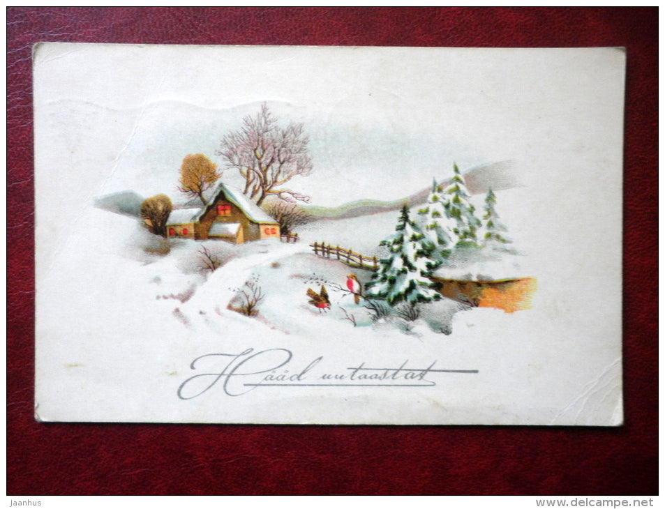 New Year Greeting Card - winter landscape - birds - house - circulated in 1939 , Tallinn - Estonia - used - JH Postcards