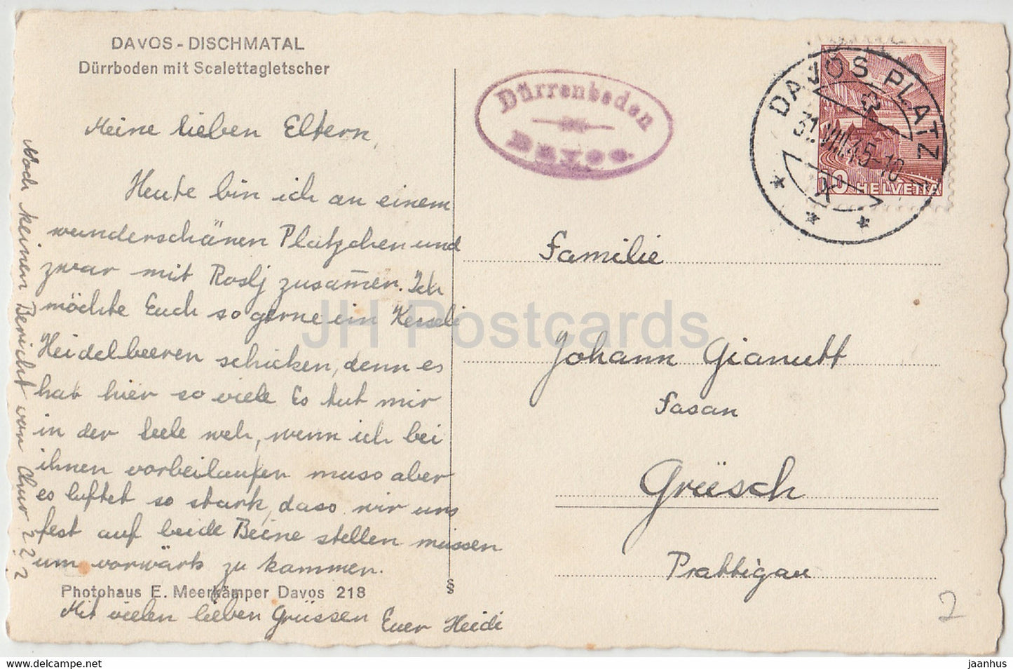 Davos Dischmatal - Durrboden mit Scalettagletscher - 218 - old postcard - 1945 - Switzerland - used