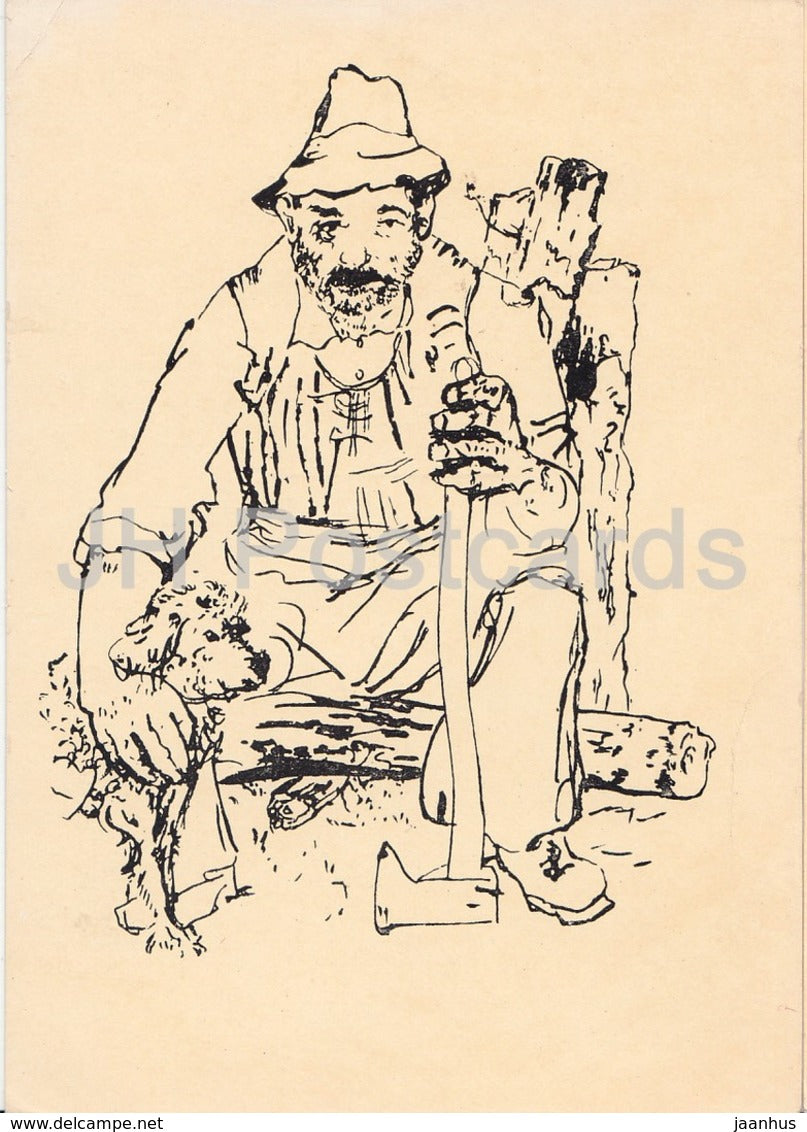 drawing by Giovanni Omiccioli - Lumberjack - Italian art - 1956 - Russia USSR - unused - JH Postcards