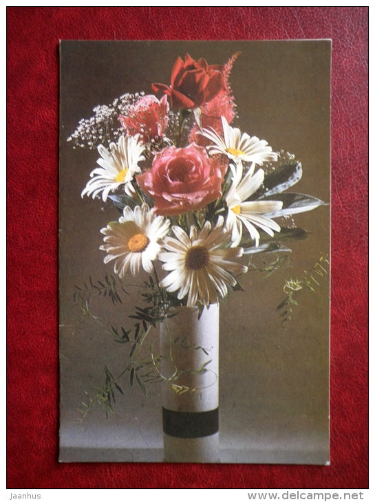 Greeting Card - roses - daisies - flowers - 1988 - Latvia USSR - used - JH Postcards