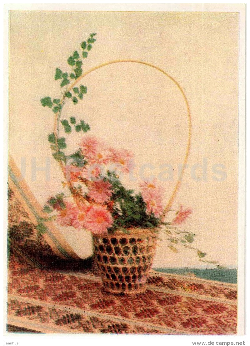 flower composition Many Happy Returns of March 8th - flowers in the basket - 1963 - Lithuania USSR - unused - JH Postcards