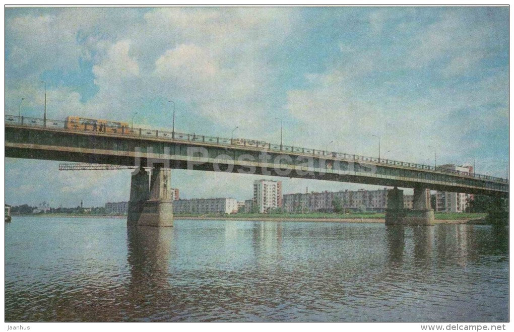 bridge across the Volkhov river - bus Ikarus - Novgorod - 1980 - Russia USSR - unused - JH Postcards