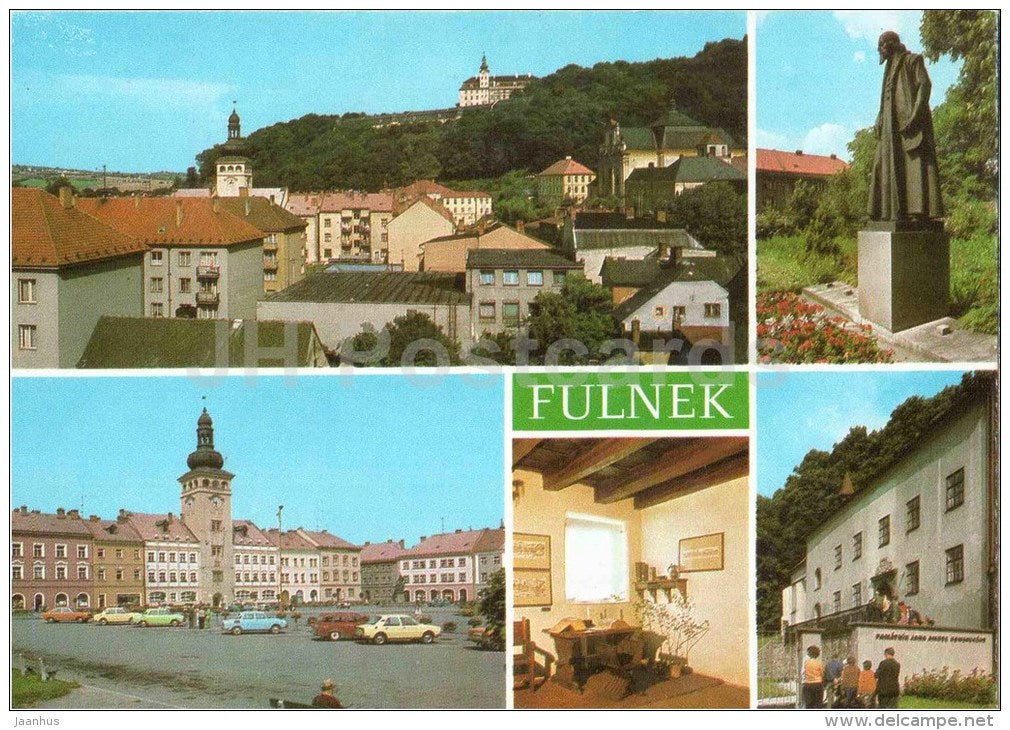 Fulnek - square - monument to Komensky - architecture - town views - Czechoslovakia - Czech - unused - JH Postcards