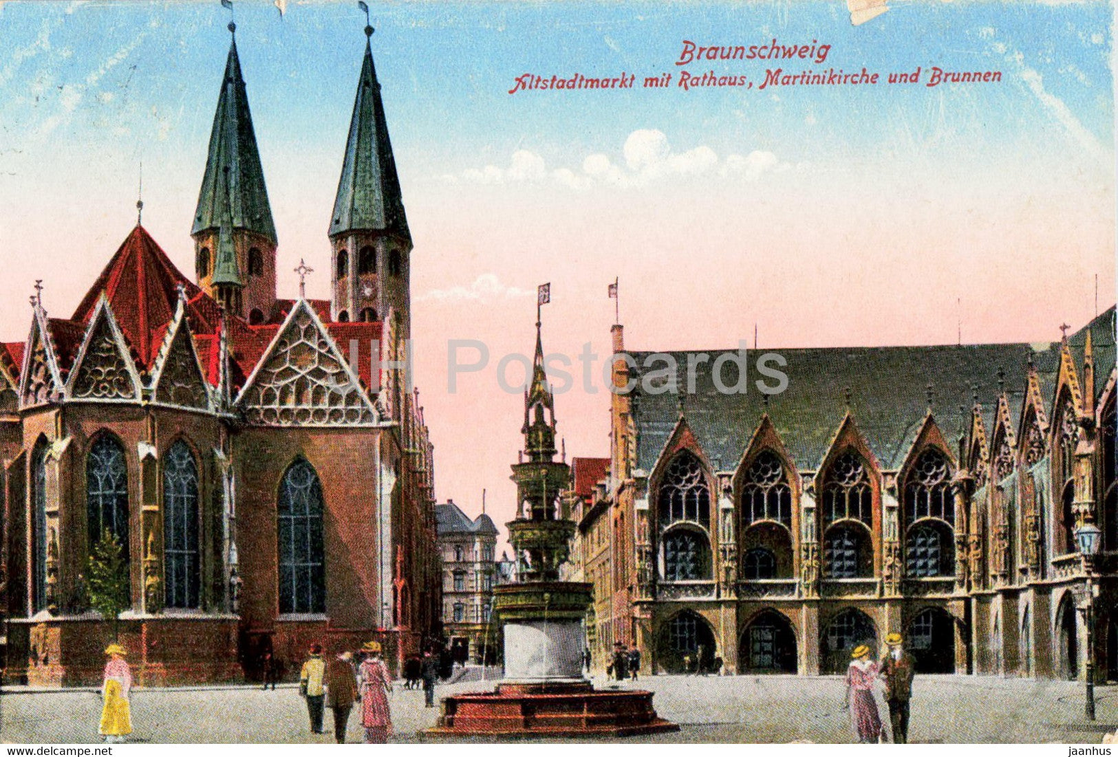 Braunschweig - Altstadtmarkt mit Rathaus - Martinikirche - Brunnen - church - old postcard - 1921 - Germany - used - JH Postcards