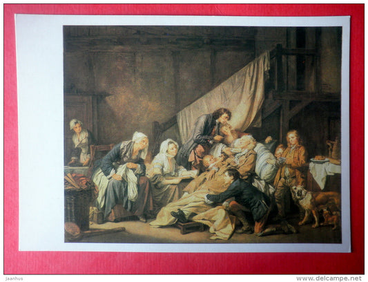 painting by Jean-Baptiste Greuze - The Paralytic - dog - french art - unused - JH Postcards