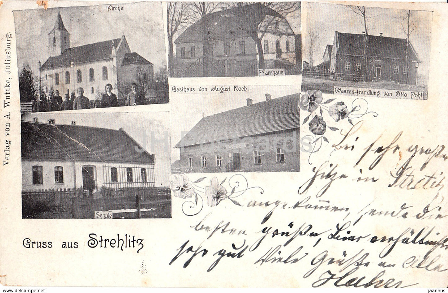 Gruss aus Strehlitz - Kirche - Pfarrhaus - Schule - Gasthaus von August Koch - old postcard - Poland - used - JH Postcards