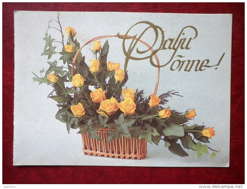 Greeting  Card - yellow roses - flowers - 1988 - Estonia USSR - used - JH Postcards