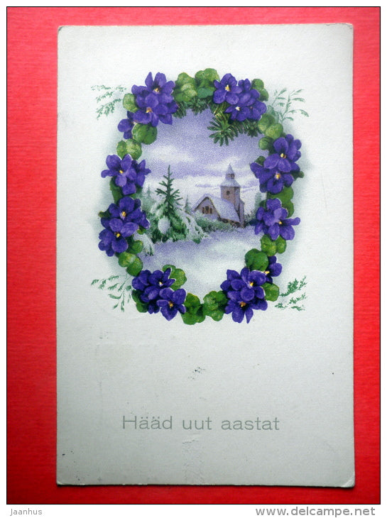 new year greeting card - flowers - church - winter - BR 8158 - circulated in Estonia Tallinn 1933 - JH Postcards