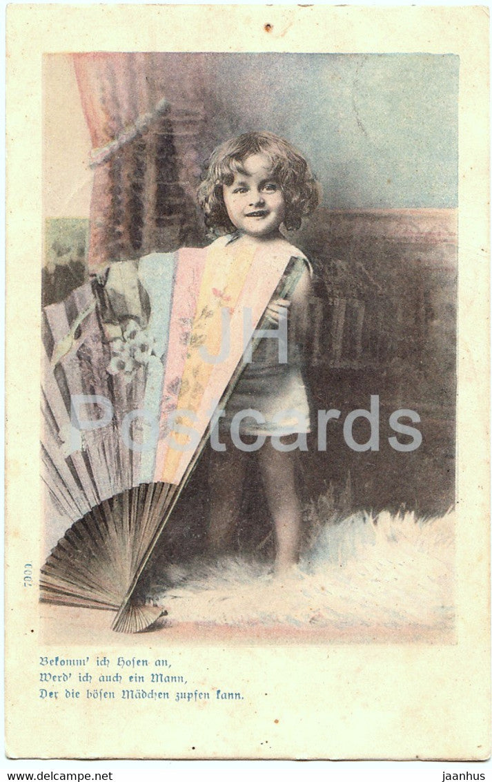 children - Bekomm ich Hosen an werd ich auch ein Mann - fan - 7000 - old postcard - 1899 - Germany - unused - JH Postcards