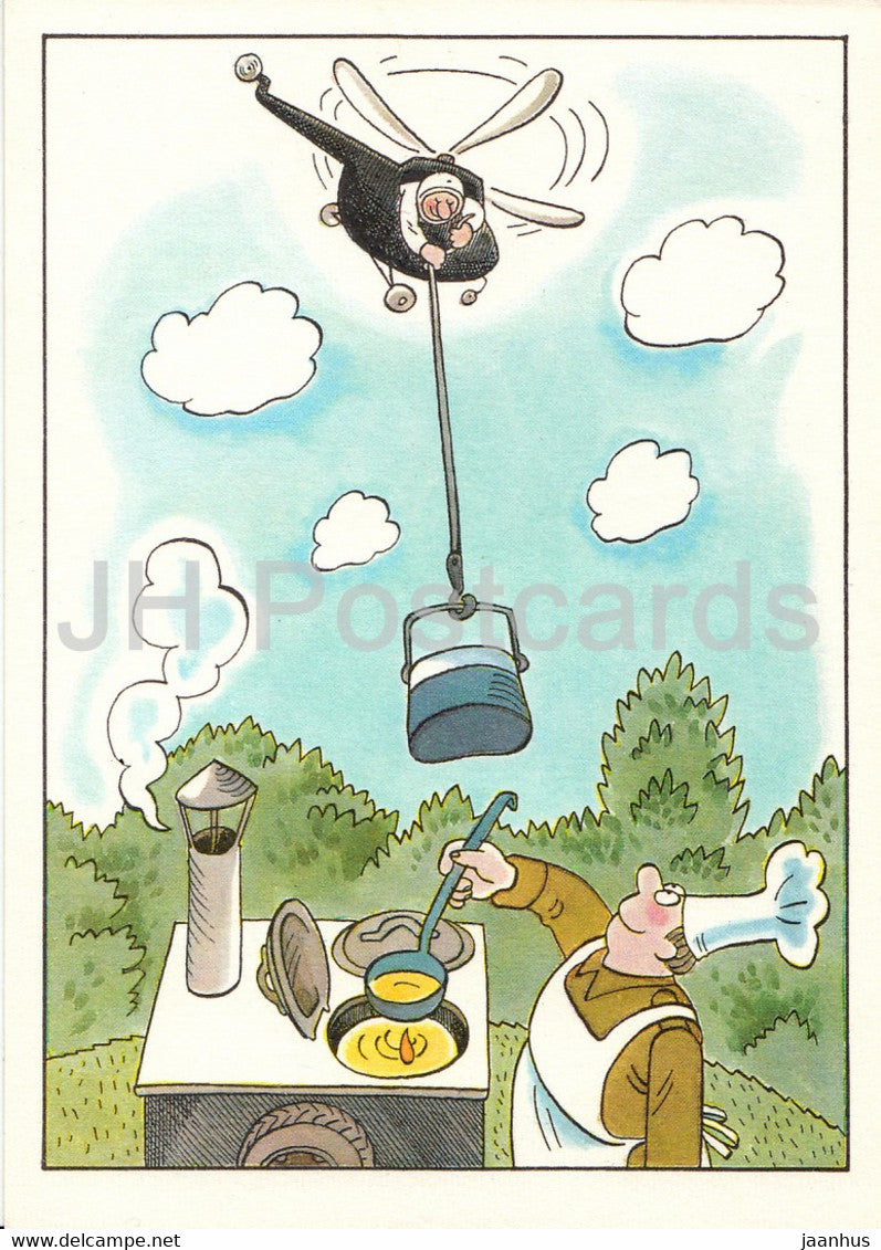 helicopter - cook - humour - DDR Germany - unused - JH Postcards