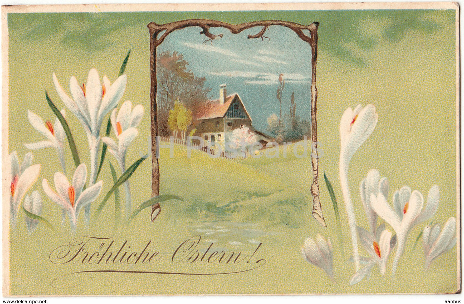 Easter Greeting Card - Frohliche Ostern - house - flowers - crocus - old postcard - Germany - unused - JH Postcards