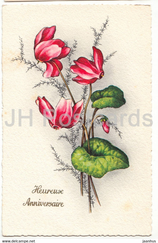 Birthday Greeting Card - Heureux Anniversaire - red flowers - 5065 - illustration - old postcard - France - used - JH Postcards