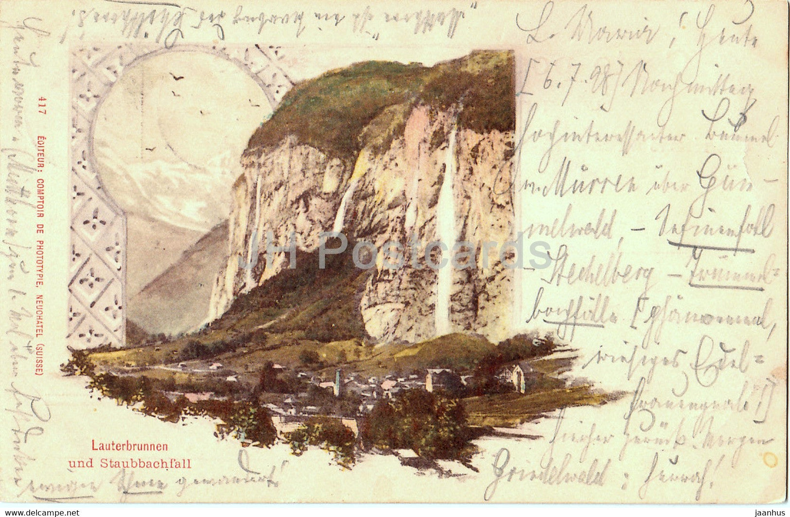 Lauterbrunnen und Staubbachfall - 417 - old postcard - 1898 - Switzerland - used - JH Postcards