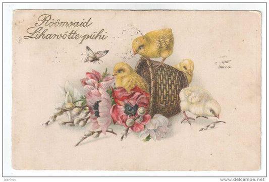 Easter Greeting Card - chicken - butterfly - flowers - old postcard - circulated in Estonia 1929 Tallinn Rõuge - used - JH Postcards