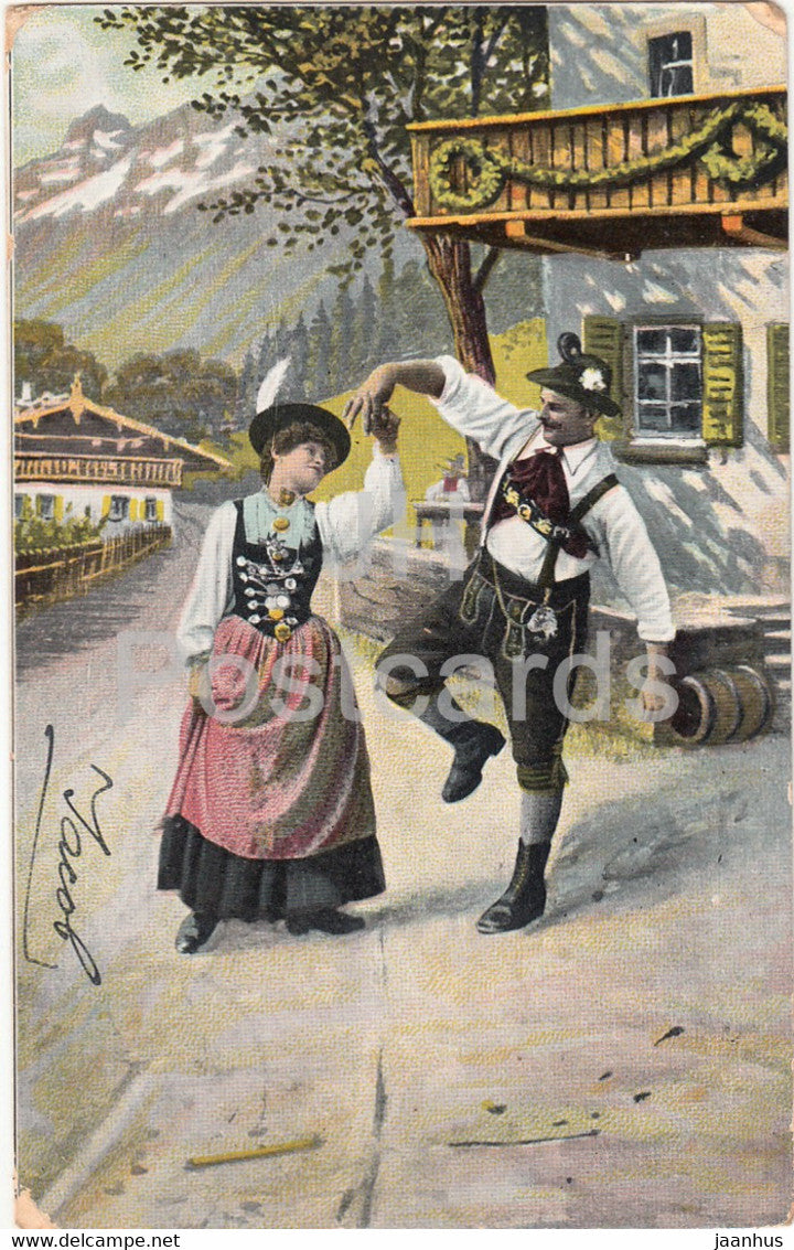 couple - woman and man - folk costumes - J S M S 221 - old postcard - 1903 - used - JH Postcards