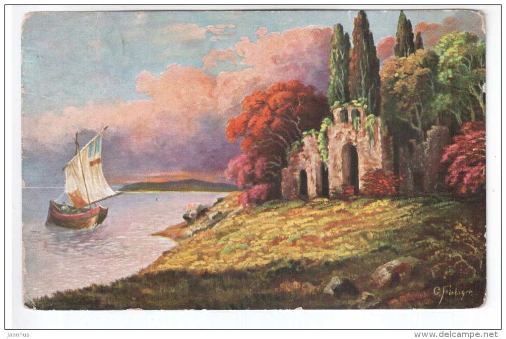 illustration by Fiebiger - ruins - sailing boat - Amag 1162 - old postcard - circulated in Estonia , 1920s - used - JH Postcards