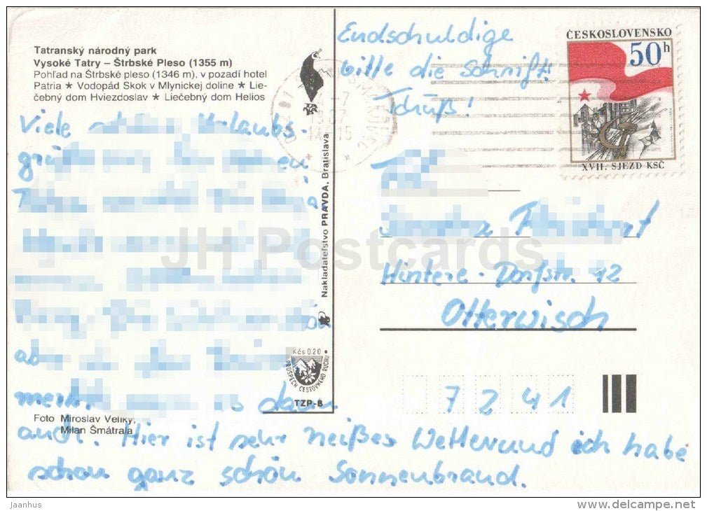 Strbske Pleso - hotel Patria - waterfall - Vysoke Tatry - High Tatras - Czechoslovakia - Slovakia - used 1987 - JH Postcards