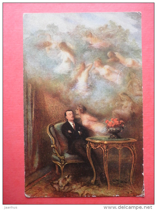 illustration by N. Pass . Liebestraum - Love Dream - man and woman - T. S. N. - 287 - art - circualted in Estonia - JH Postcards