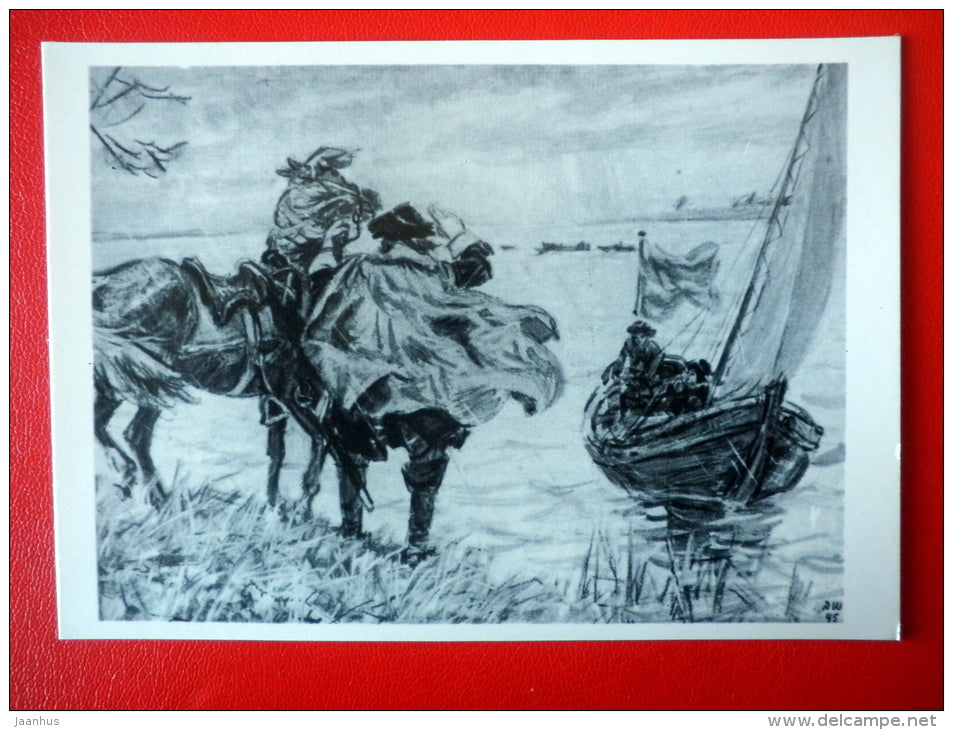 illustration by D. Shmarinov . Sailing Boat - horse - Novel by A. Tolstoy Peter I - 1978 - Russia USSR - unused - JH Postcards