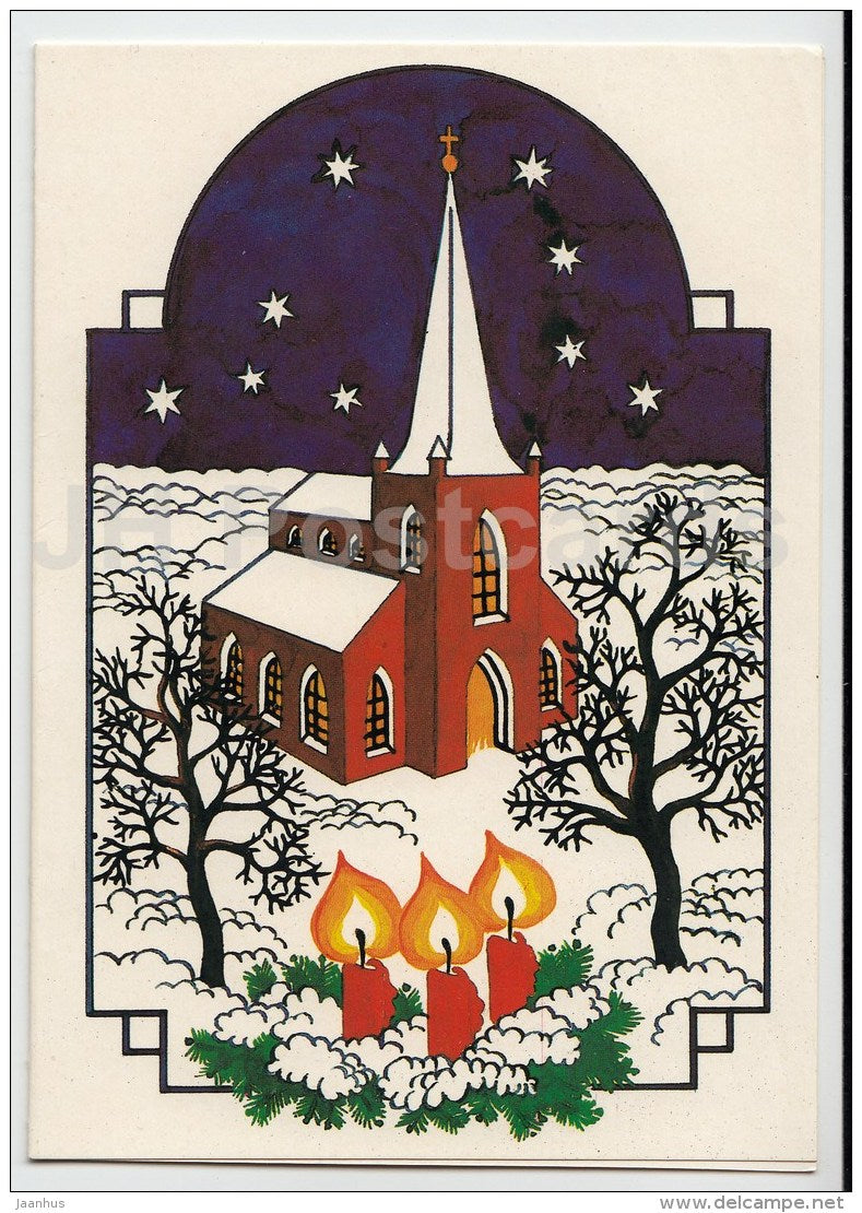 New Year Greeting card by R. Vinn - church - candles - 1991 - Russia USSR - used - JH Postcards