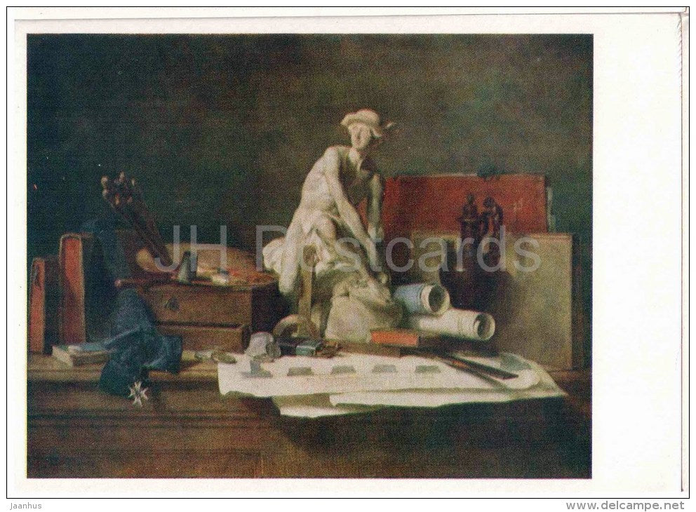 painting by Jean-Baptiste-Siméon Chardin - Still Life with Attributes of the Arts - french art - unused - JH Postcards